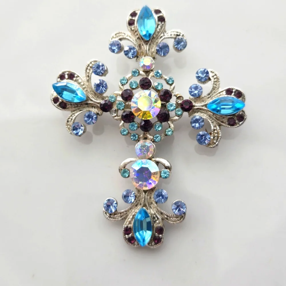 Vintage Rhinestone Cross Brooch Pendant Blue AB Gothic Y2K